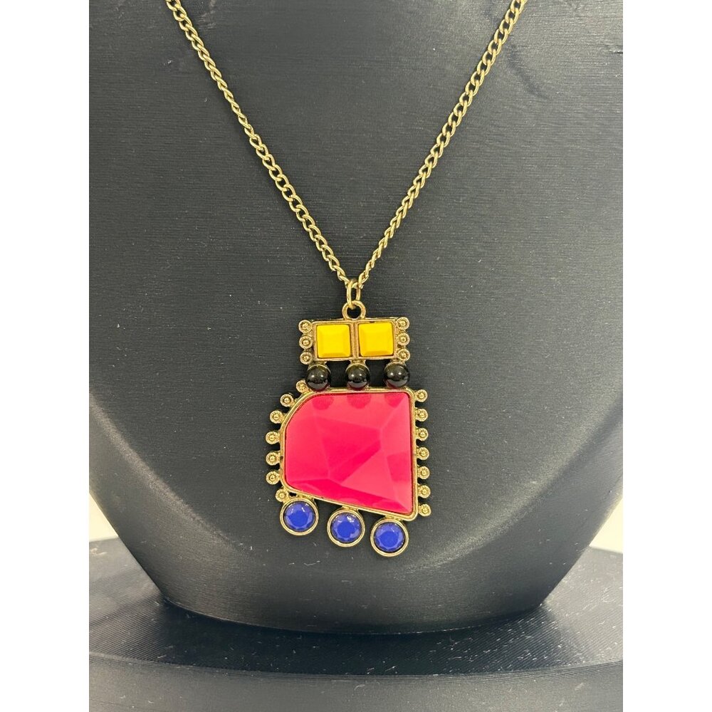 1980s 1990s Funky Bright Colorful Geometric Pendant Necklace Pink Yellow Blue - Picture 2 of 7